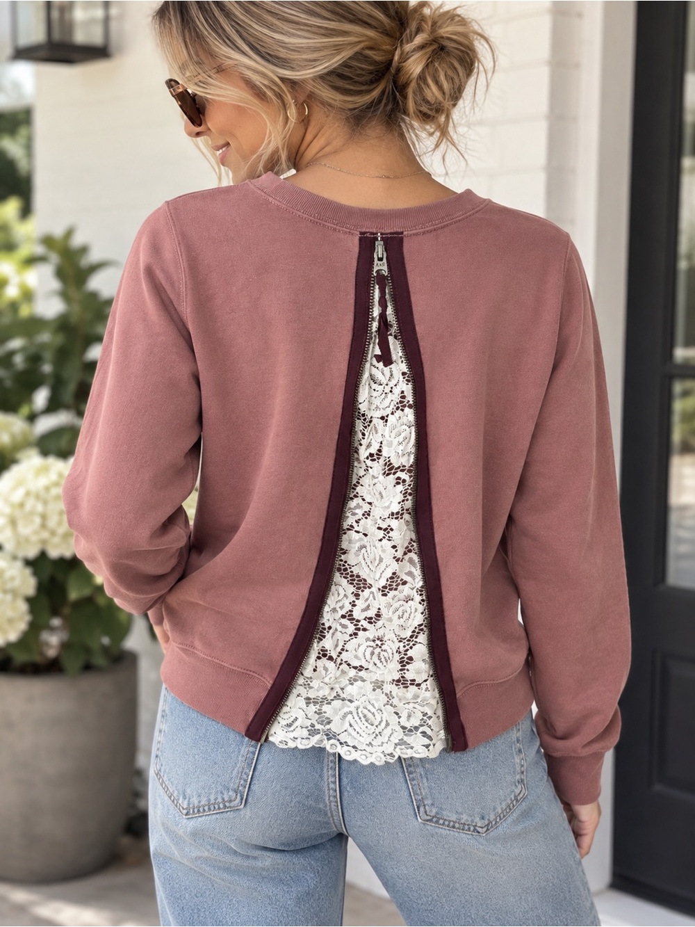 Abercrombie & Fitch Lace Back Zip Sweatshirt Small Mauve Pink Y2K